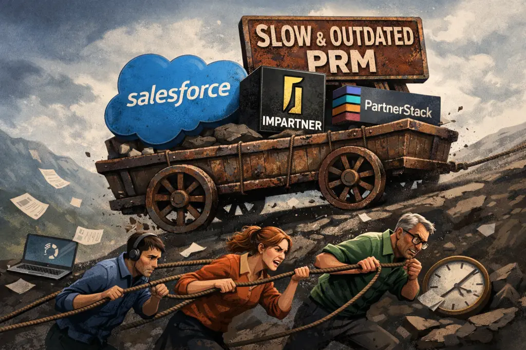 Illustration of three professionals struggling to pull a heavy cart uphill labeled 'Slow & Outdated PRM', symbolizing how traditional partner management systems slow down partner teams